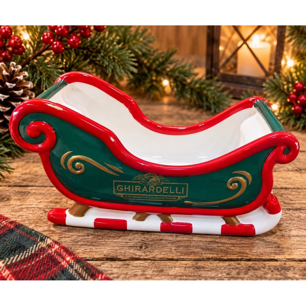 Ghirardelli Ceramic Christmas Sleigh Candy Dish Holiday Decor Red Green 9"